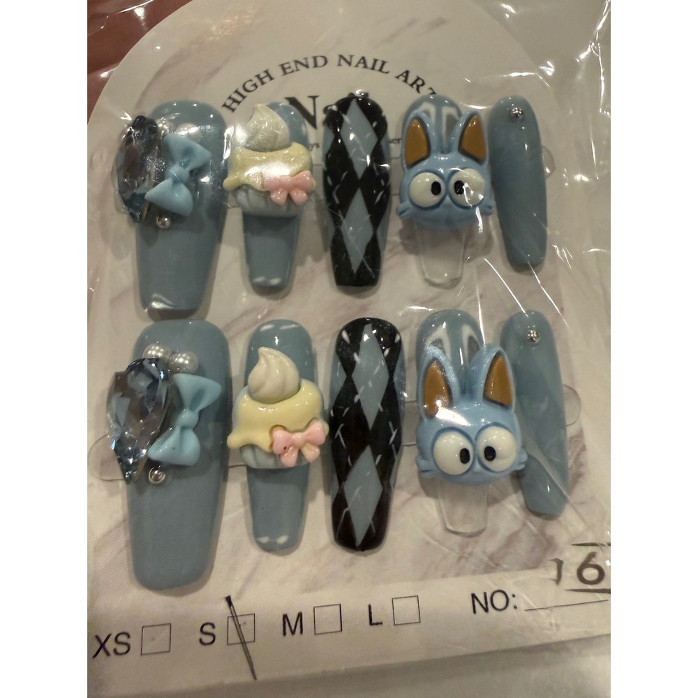 NEW 3D Character Press On Nails Blue Argyle Cupcake Long Coffin SB001-011